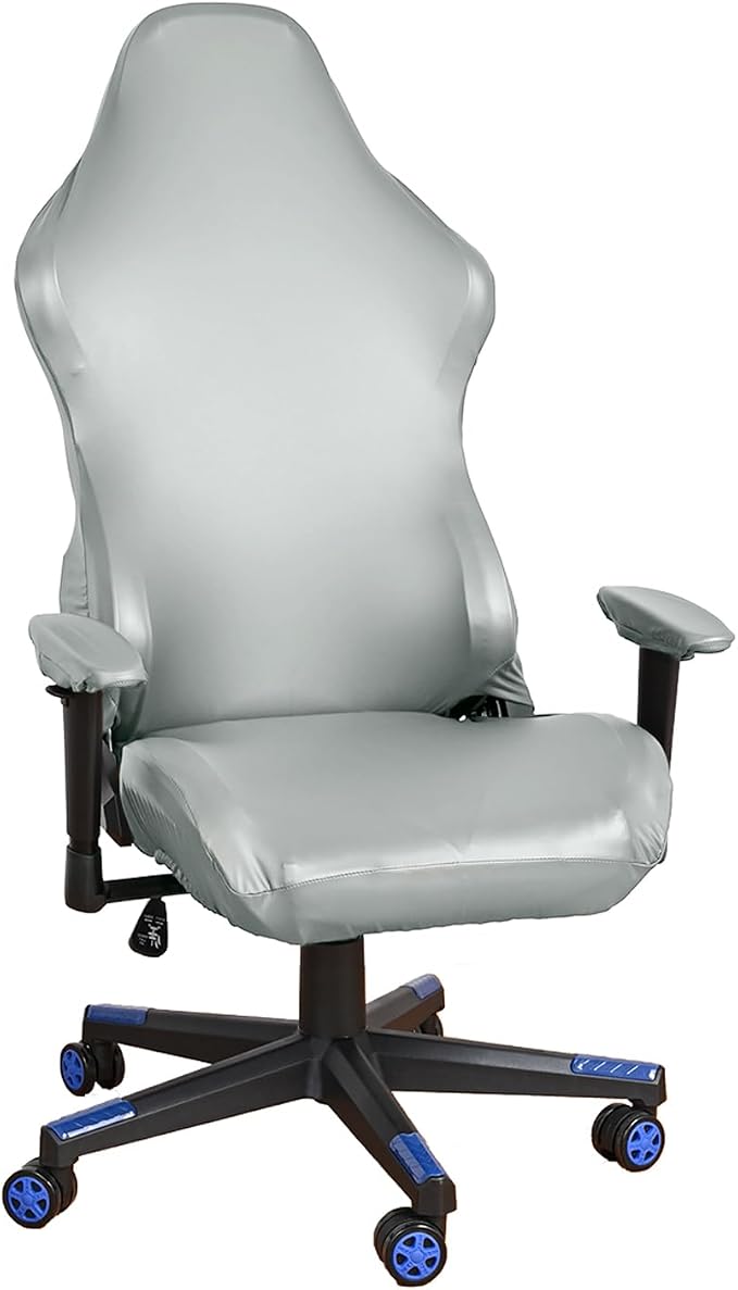 Waterproof Leather Look Gaming Chair Cover, Ergonomic Office Computer Faux PU Leather Game Chair Slipcovers, 4pcs Set Anti-Slip Stretchy Covers for Reclining Racing Gaming Chair (Light Grey) by Unknown