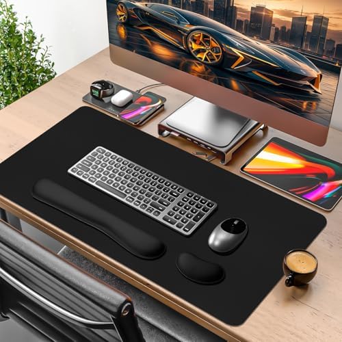 Mouse Pad with Wrist Rest Support, Keyboard Wrist Rest and Mouse Pad Set, Desk Mat for Keyboard and Mouses, Non-Slip Computer Mat Set for Office, Home (35.4×15.7 Inches, Black) - Image 2