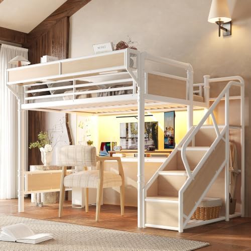 KEIKI Full Size Metal Loft Bed Frame with Storage Staircase & Built-in Desk & Wardrobe, Loft Bed with Pegboard & Mesh Storage Baskets & Slats, No Box Spring Required, Easy Assembly, for Bedroom, White by KEIKI