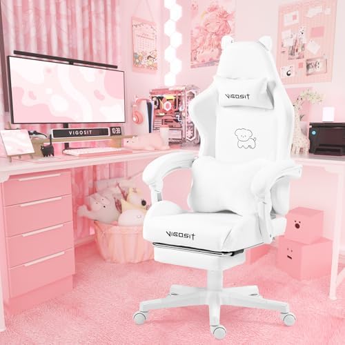 Vigosit White Dog Gaming Chair - Kawaii Design for Competitive Gamers & Adults, Ergonomic High Back with Lumbar Support, 310lbs Capacity by VIGOSIT