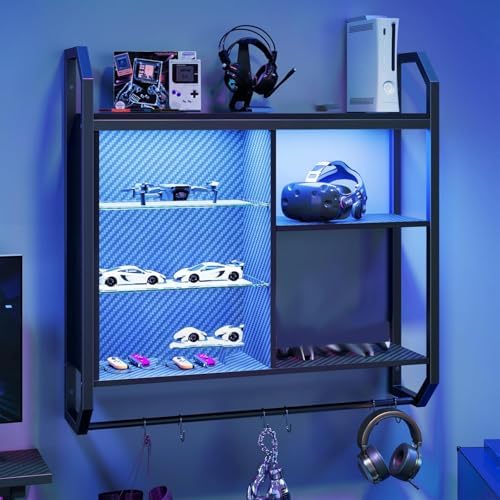 Bestier LED Gaming Floating Shelves, 34" Wall Mounted Shelf Pipe Shelves Hanging Display Rack Bookshelf with 6 S-Hook, Gaming Room Decor Wine Coffee Bar, Black Carbon Fiber - Image 6