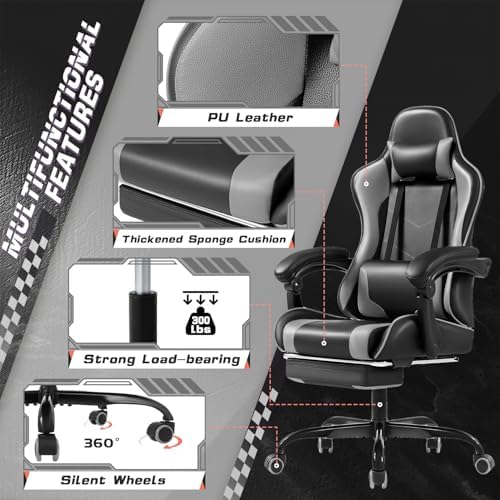 Shahoo Gaming Chair with Footrest and Massage Lumbar Support, Video Racing Seat Height Adjustable with 360°Swivel and Headrest for Office or Bedroom, Grey - Image 5