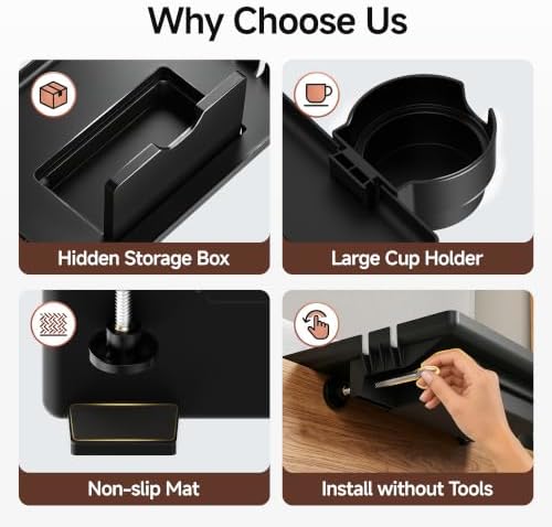 COOL-ANGLE Bedside Shelf with Cup Holder & Hidden Storage, Clamp-On Bedside Tray for Bunk Bed & College Dorm Room, Fits 2.9" Rails, Black - Image 3