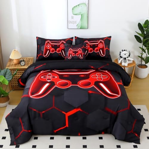 Black Red Full Size Boys Comforter Set 6-Piece Gaming Bed in A Bag 3D Video Games Bedding Set for Kids, Soft Lightweight Gamer Teen Boy Bed Comforter Sheet Set (Black Red, Full) by BYHOFMLY