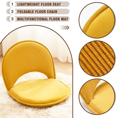 YOUKEEEJOJO Floor Chair 5-Position Adjustable Back Support Chair Foldable Camping, Floor Lounger,Corduroy Fabric, Video-Gaming Reading Watching, Indoor Outdoor Use(Yellow) - Image 5