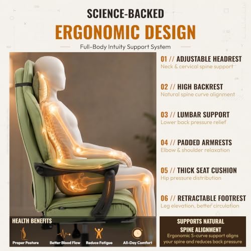 Dowinx Big and Tall Gaming Chair with Footrest for Home Office 500LBS Green | High Back Leather Office Chair, Extra-Wide & Thick-Padded Seat Cushion with Ergonomic Lumbar Support and Soft Linkage Armrest - Image 6