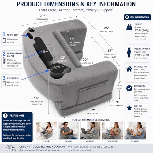 Reading Pillow for Gaming – Extra Large Lap Desk & Arm Rest with Cup & Phone Holder, Adjustable Heights, Laptop Support, Large Pockets – Comfortable for Work, Gaming & Crocheting (Furry Grey) - Image 3