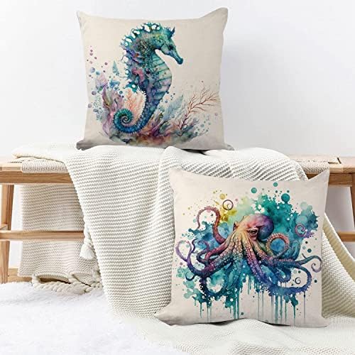 Beach Throw Pillow Covers 20x20" Set of 4, Ocean Theme Sea Turtle Seahorse Octopus Jellyfish Pillow Case Covers for Couch Sofa Bed Home Decor Square Pillowcase Coastal Outdoor Patio Furniture Cushions - Image 6