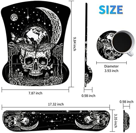 Ergonomic Mouse Pad with Wrist Support Gel Mouse Pads and Upgrade Keyboard Wrist Rest Pad Set, Coasters Non-Slip PU Base Mouse Mat for Office Gaming Computer Laptop Home, Skull Moon Butterfly - Image 2