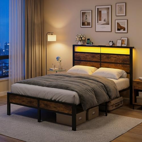 Full Size Metal Bed Frame with Storage Headboard, LED Lights - Image 7
