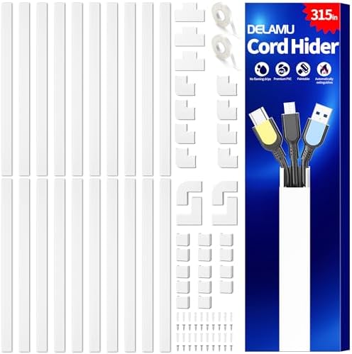 Delamu Cord Hider, 315in Wire Covers for 2-3 Cords on Wall, Premium Cable Hider Cord Covers for Wires on Wall, Cable Management Wire Hiders for TV, Cable Raceway Kit, L15.7 x W0.95 x H0.55 in, White by DELAMU