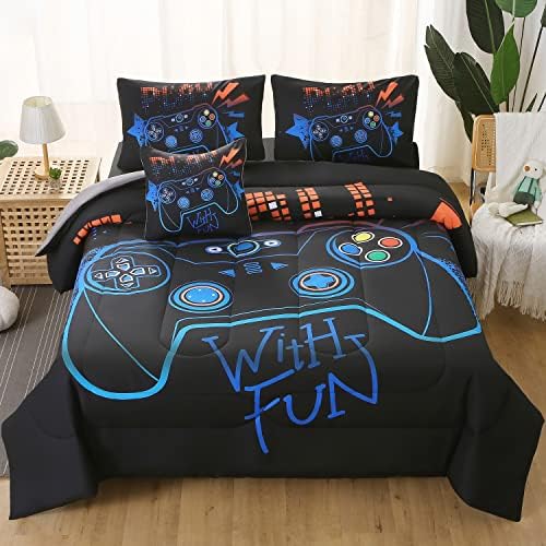 JQinHome Queen Gaming Comforter Sets for Boys,6 Piece Bed in A Bag 3D Video Game Bedding All Season Soft Microfiber Gamer Bedding Sets for Kids, Pillowcase, Flat Sheet, Fitted Sheet,Cushion Cover - Image 2
