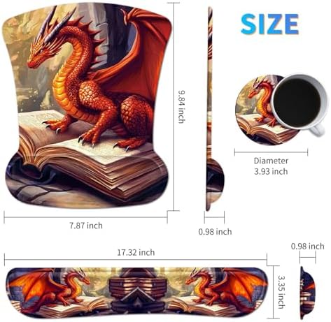 Ergonomic Mouse Pad with Wrist Support Gel Mouse Pads and Upgrade Keyboard Wrist Rest Pad Set, Coasters Non-Slip PU Base Mouse Mat for Office Gaming Computer Laptop Home, Red Dragon Books - Image 2