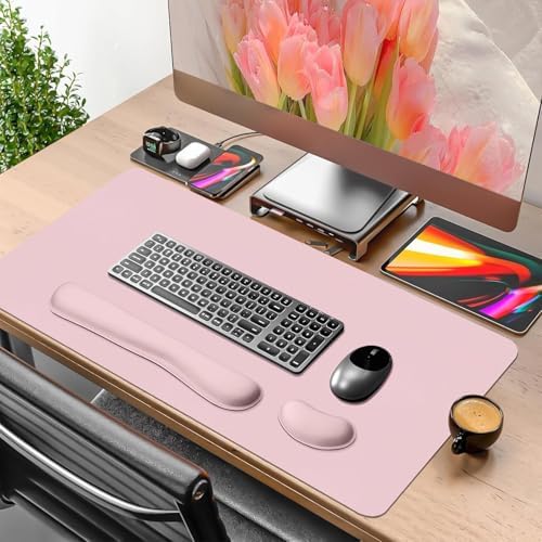 Desk Mat Set， Wrist Rest for Computer Keyboard, 3-in-1 Large Mouse Pad and Keyboard Wrist Rest Set, Non-Slip Desk Mat Protector for Office, Home(27.5×13.8 Inches, Pink) - Image 2