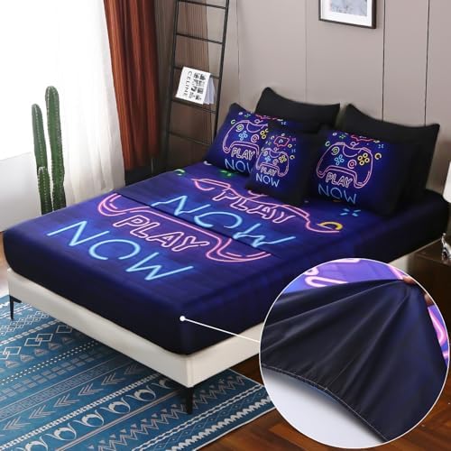 JQinHome Twin Gamer Comforter Set 6 Piece Bed in A Bag for Boys,3D Neon Light Up Design for Classic Console -All Season Soft Microfiber Down Alternative Comforter Gamer Bedding Sets for Kids (Purple) - Image 4