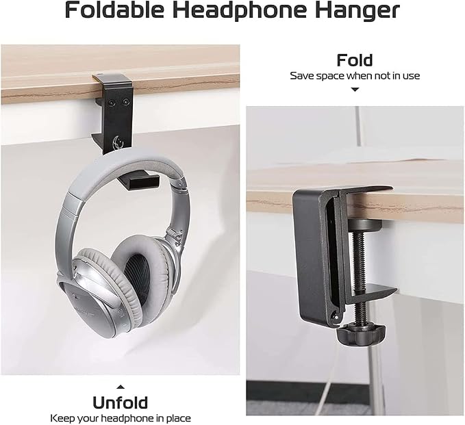 Under Desk Headphone Hanger, Foldable Aluminum Headset Hook for Clean Desk Setup, Space Saving Clamp Mount for Gaming & Home Office - Image 4