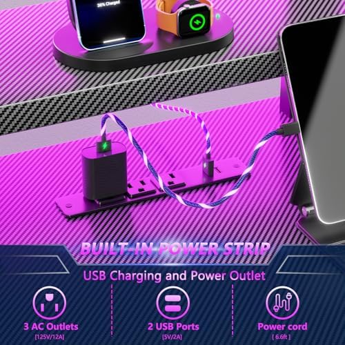 Korfile 55 Inch Gaming Desk with Power Outlet & LED Lights, L Shaped Gamer Computer Table with Storage Shelves for Bedroom, Corner Home Office Desk, Carbon Fiber Black - Image 5