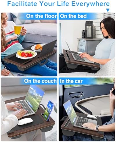 HETTHI Laptop Lap Desk, Portable Large Laptop Desk for Bed, Up to 17 in Lap Table with Wrist Rest, Mouse Pad, Tablet Phone Slot, Portable Handle, Lap Tray with Cushion (Dark Brown) - Image 6