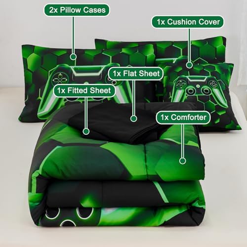 URBONUR Black Green Gaming Twin Comforter Set for Boys 6Pcs Bed in A Bag - Image 5