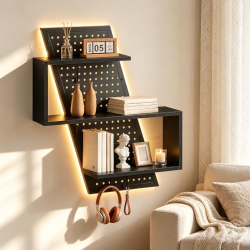 S-Shaped Gaming Floating Shelf with LED Light Strip, 3 Tier Wall Floating Shelf with Pegboard & 4 Removable Hooks, for Bedroom, Game Room, Living Room, Study, Black - Image 5