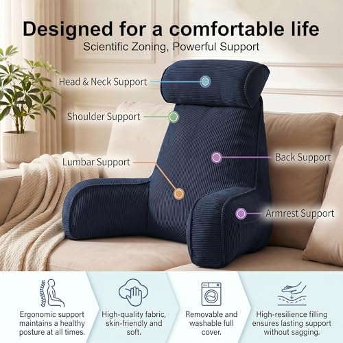Bed Rest Reading Pillow with Arms & Detachable Headrest, Corduroy Backrest Cushion with Side Pockets & Washable Cover, Sit Up Pillow for Bed, Sofa Reading, Relaxing & Watching TV, Navy Blue - Image 3
