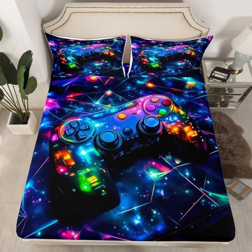 Feelyou Kids Gamer Bed Sheets Set Full Size, Galaxy Gaming Sheet Set Glitter Game Comforter Cover Boys Girls Gamepad Teens Bedspread Cover Bedroom Decor with 2 Pillow Case - Image 2