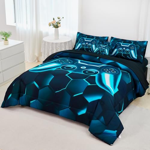 URBONUR 6 Pieces Gamer Comforter Set for Teen Boys Queen Size Blue Teal - Image 2