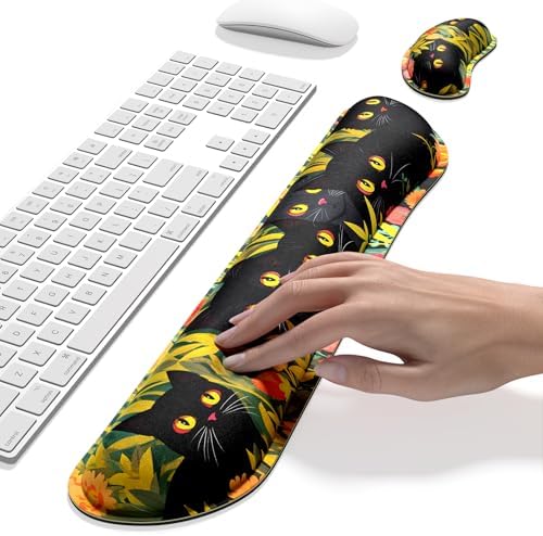 Dapesuom Enlarge Keyboard Wrist Rest, Memory Foam Wrist Cushion for Desk Mats Support, Cute Typing Pain Relief Keyboard Mouse Pad Rests Set with Non-Slip Base for Gaming Laptop Computer, Black Cats - Image 4
