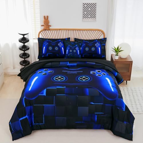 PERFEMET 6 Pieces Gamer Comforter Sets Kids Queen Size Blue Gamer Comforter Bed in A Bag for Boys Teen 3D Cool Video Gaming Black Bedding Set(Blue, Queen) by PERFEMET