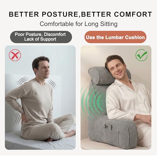 Corduroy Reading Pillow for Sitting Up in Bed, Backrest Pillow with Arms, Full Back Support Cushion with Side Pockets & Washable Cover, Adult Support for Sofa Couch Floor, Light Gray - Image 5