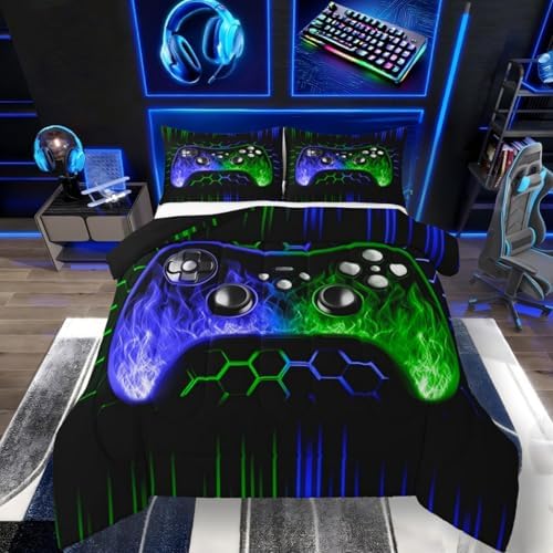 Erosebridal Honeycomb Gaming Boys Comforter Set Blue Green Neon Lights Game Console King Bedding Set Ombre Art Geometric Hexagon Beehive Duvet Set Gamer Room Decor for Boys by Erosebridal