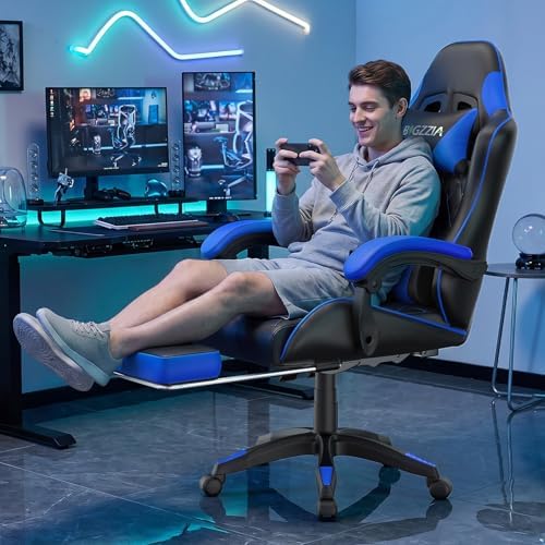 Bigzzia Ergonomic Gaming Chair with Footrest & Breathable PU Leather, Blue - Image 2