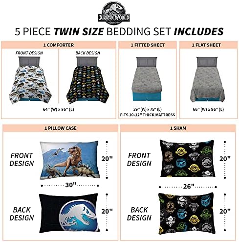 Franco Kids Bedding Super Soft Comforter and Sheet Set with Sham, 5 Piece Twin Size, Jurassic World,6A1348 - Image 4