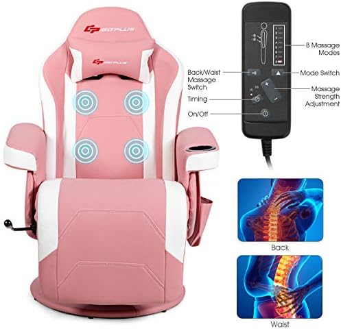 Goplus Pink Massage Gaming Chair, Racing Style Gaming Recliner w/Adjustable Backrest and Footrest, Ergonomic High Back PU Leather Computer Office Chair Swivel Game Chair w/Cup Holder and Side Pouch - Image 5