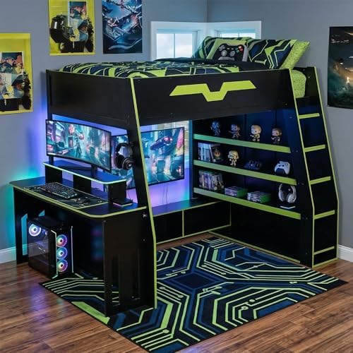 Merax Full Size Gaming Loft Bed with Desk and Multi-Storage Shelves, Space-Saving Wood Loft Bed Frame with Full-Length Guardrail for Teens Bedroom, Built-in Light Strip & Charging Station, Green by Merax