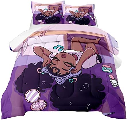African American Comforter Sets, Pretty Black Girls Love Music Purple Duvet, Fluffy Afro Gilrs Comforter Bedding Set, Queen Size Black Girl Magic Comforter Sets 1 Comforter +2 Pillowcases by Kodhyvj