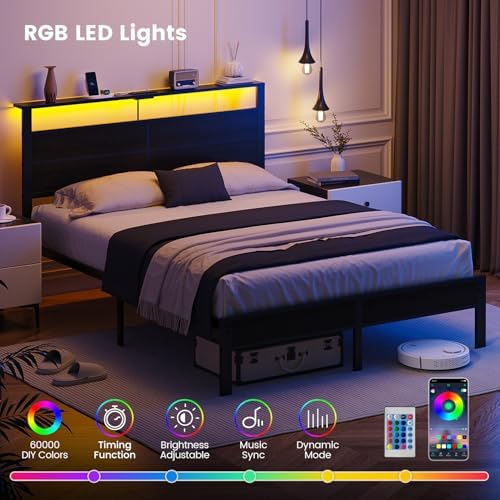 Queen Size Bed Frame with LED Lights and Charging Station Headboard - Image 4