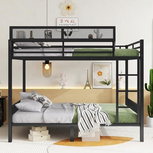 KEIKI Queen Over Queen Size Metal Bunk Bed Frame with Ladder and Built-in Storage Shelves, for Teens, Bunk Bed with Solid Slats, Guardrail, No Box Spring Required, Easy Assembly, for Bedroom, Black - Image 4