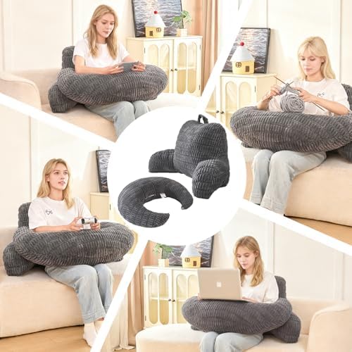 19" Reading Pillow for Bed,U Shaped Arm & Elbow Support,Gray Corduroy | Backrest Supports Back,U Shaped Lap Pillow Cushions Arms,Elbows & Wrists,Ribbed Corduroy for Reading,Gaming,Watching TV - Image 5