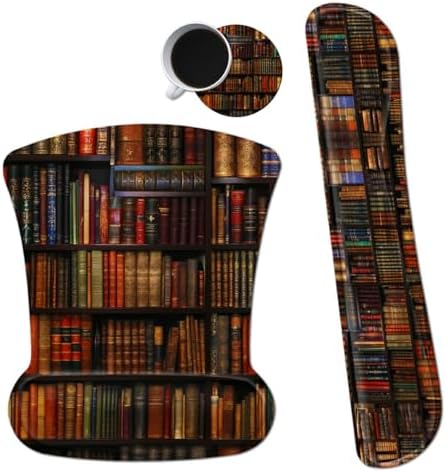 Ergonomic Mouse Pad with Wrist Support Gel Mousepads and Upgrade Keyboard Wrist Rest Pad Set, Coasters Non-Slip PU Base Mouse Mat for Office Gaming Computer Laptop Home, Library Books by Dikoer