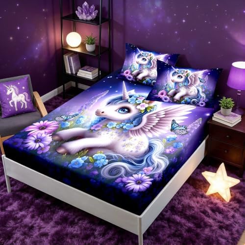HOSIMA Kids Kawaii Unicorn Twin Bedding Sets,1 Fitted Sheet+2 Pillowcases. by HOSIMA