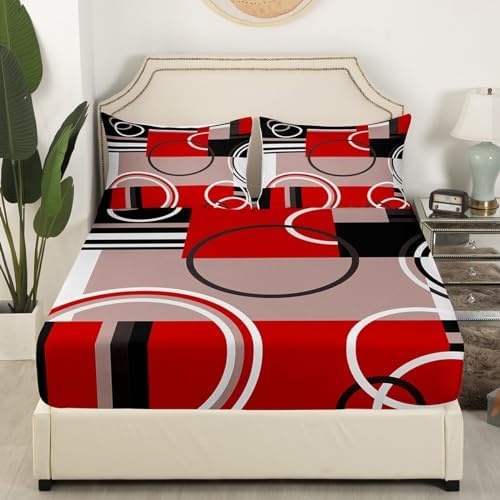 Erosebridal Modern Red Grey Black Stripes Sheet Set Geometric Bed Sheets Full Size Retro Circle Swirls Bedding Set Bedroom Decor Modern Abstract Texture Color Art Fitted Sheet - Image 4