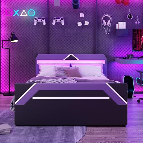 Merax Queen Size Gaming Bed with Built-in 7-Color LED Lighting Headboard, Side-Lift Hydraulic Storage Platform Bed, Cyberpunk Style, No Box Spring Needed, Black+Purple - Image 3