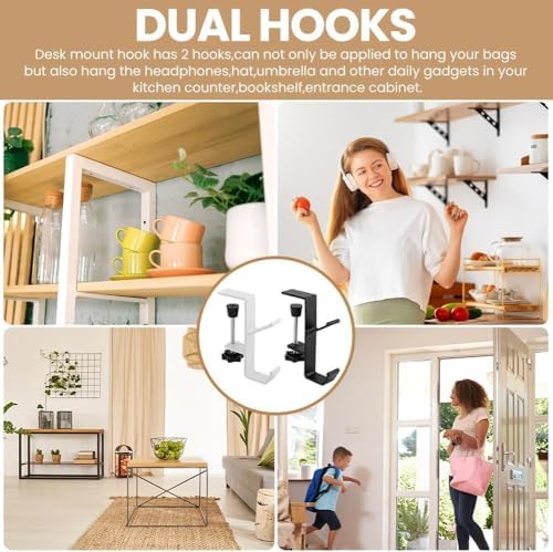YUANQIAN Clamp-On Under Desk Headphone Holder Backpack Hook Students' Desk Hook with Adjustable Arm Clamp Women's Bag Handbag and Purse Holder -Suitable for Plate Between 1-5cm (3Pack White, 3) - Image 6