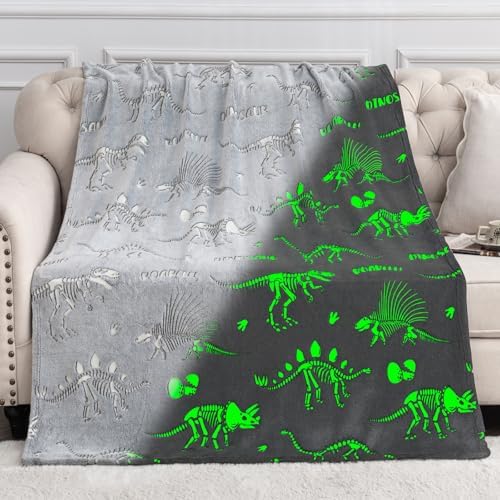 Dinosaur Gifts Toys for Kids Boys - Dino Glow in The Dark Blanket Christmas Birthday Valentines Easter Presents for Age 2 3 4 5 6 7 8 9 10 11 Years Old Teen Girls Toddler Children Throw Gray 50"x60" by Jekeno
