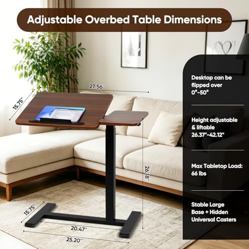 Adjustable Overbed Table with Wheels, Rolling Laptop Table for Bed & Sofa - Image 2