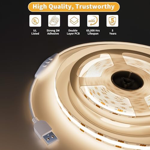 PAUTIX 5V USB COB LED Strip Lights Dimmable LED Lights 4000K Natural White with RF Remote,1200lm,Dotless Flexible Tape Light for Under Cabinet,Bedroom,TV Backlight,Kitchen,Shelf,Mirror Lighting 6.56ft - Image 6