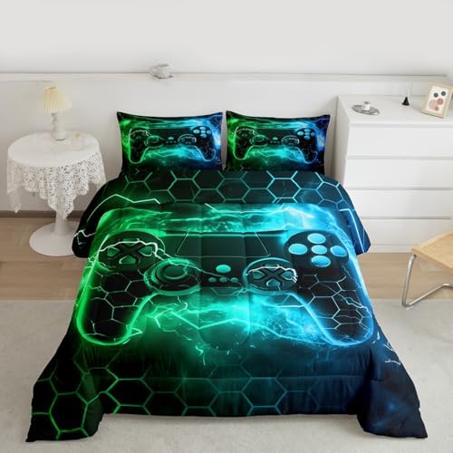 Feelyou Kids Boys Green Gamer Bedding Set Full Size, Honeycomb Gaming Comforter Set Lightning Gamepad Comforter Game Room Decor Duvet Set with 2 Pillow Case Room Quilt Set Bedding Collection by Feelyou