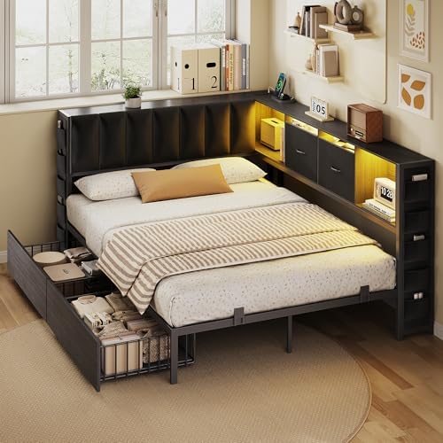 MapleGrace Full Corner Bed Frame with Upholstered Storage Headboard and Drawers, Metal Platform Bed Frame with LED Light and Charging Station, Full Daybed for Living Room, Bedroom & Guest Room, Black - Image 2