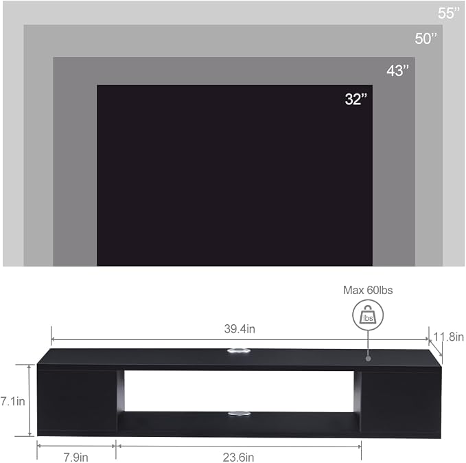 GHC Floating TV Stand, Wall Mounted Entertainment Center and Cabinet Shelf, TV Console with Storage，Media Console for DVD Player, Space-Saving Under TV Shelf for Bedroom, Living Room (Black) - Image 2